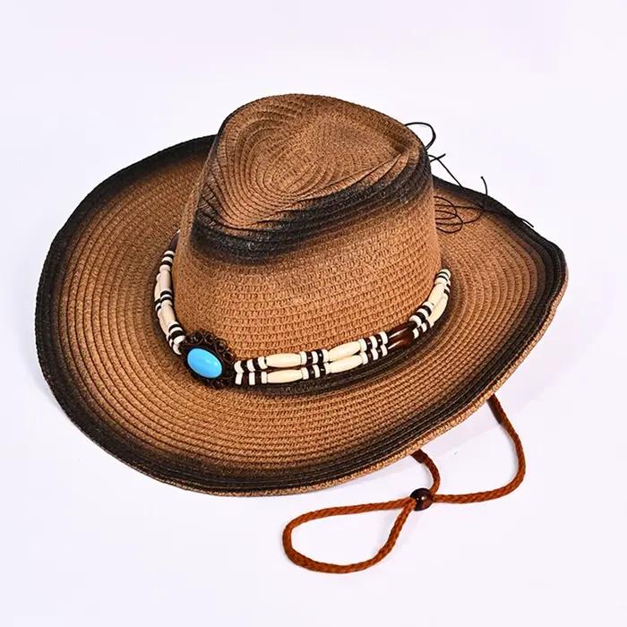 Chapeau de Cowgirl en paille avec ceinture de perles pour hommes et femmes