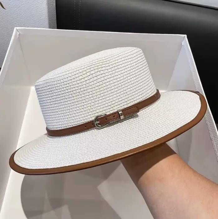 Chapeau de soleil en paille à dessus plat pour femmes
