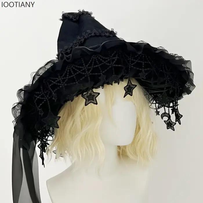 IOOTIANY Harajuku Halloween chapeau de sorcière pour femmes gothique à la main papillon perle gland dentelle Rose
