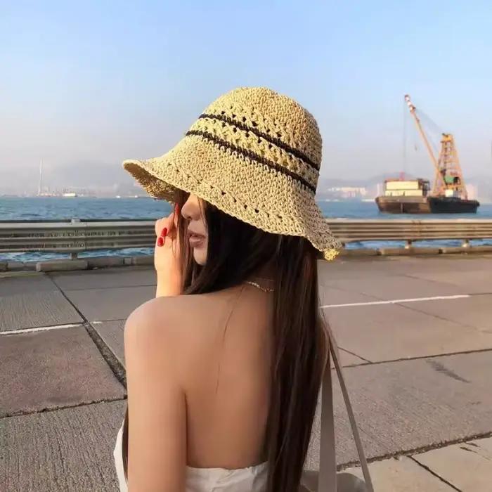 Dames été Hoilday disquette chapeaux de paille pour les femmes à large bord plage pliable