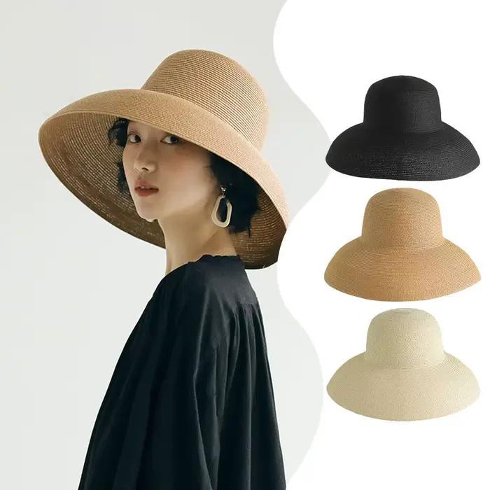 Chapeau de paille anderpour pour femmes élégant à large bord protection solaire style Hepburn plage été
