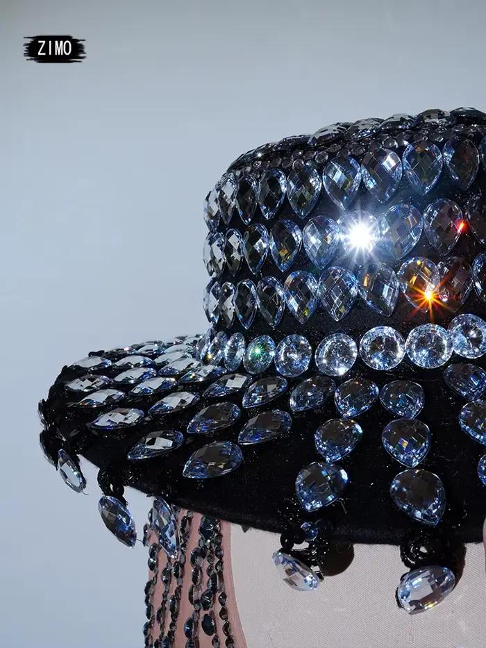 Strass nouveaux hommes Jazz noir chapeau fête scène Performance ajustement Photo Shoot porter célébration spectacle glisser reine Rave