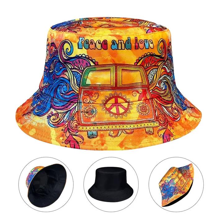 Chapeau de pêcheur orange Peace and Love chapeau de seau unisexe style sport motifs imprimés réversibles pour femmes et hommes occasions décontractées toutes saisons
