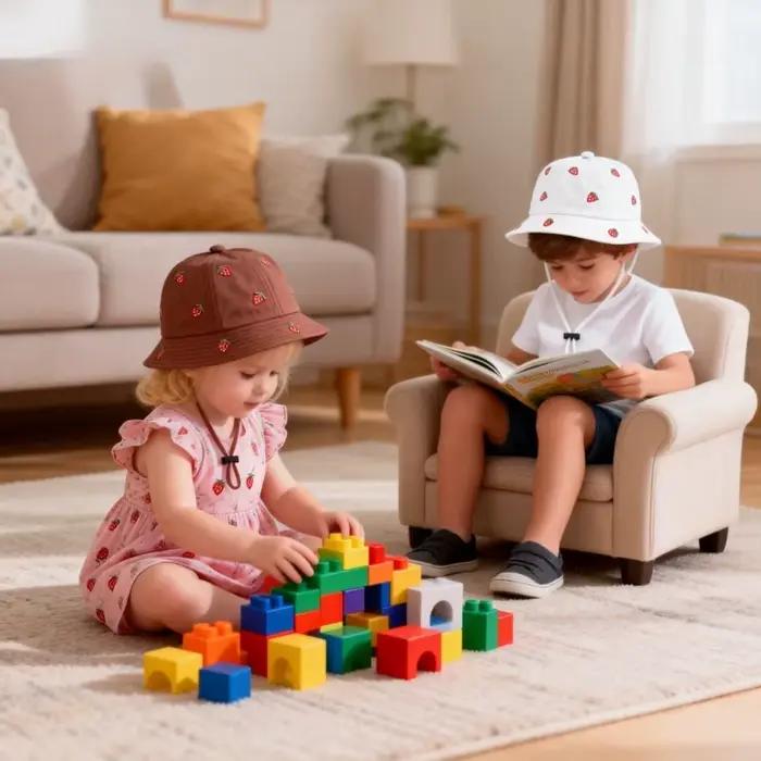 Chapeau de pêcheur pour fille avec broderie fraise 48-50cm Printemps-Été Nouveau Casquette Bob Mignonne pour Garçons Chapeau de Soleil Tendance pour Enfants et Tout-Petits