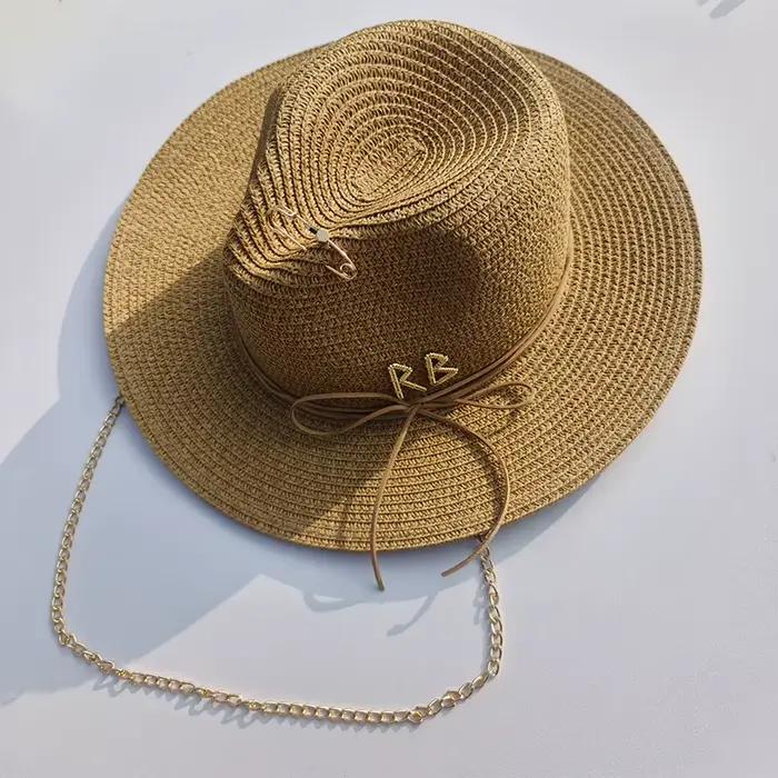 Chapeau Panama Tendance d'Été en Paille avec Lettres Métalliques Protection Solaire pour Femmes Hommes Vacances Plage Jazz Occasions Spéciales