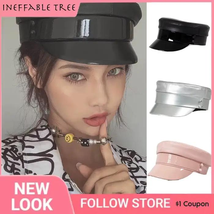 Chapeau en simili cuir noir béret avec motif géométrique pour femmes, style sport, décontracté, adapté aux quatre saisons, occasions spéciales et quotidienne