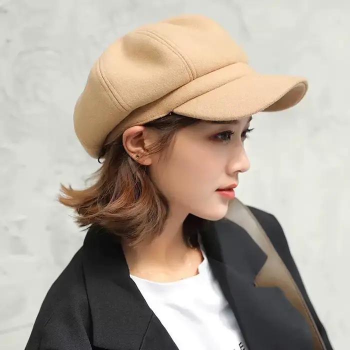 Automne hiver chapeaux pour femmes solide plaine octogonale casquette de gavroche hommes dames décontracté laine chapeau