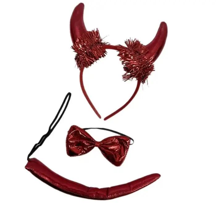 PACK 39BD 3 bandeaux cornes rouges diable avec des arcs des queues pour fête d'Halloween