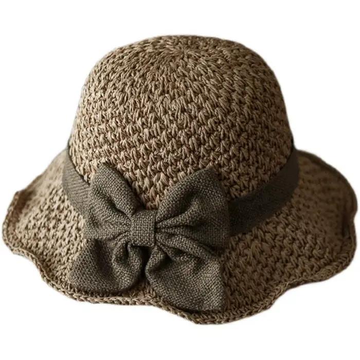 Chapeau de paille tressé vintage respirant pliable avec nœud