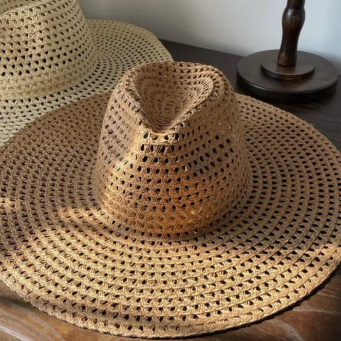 Chapeau de paille à large bord pour femme style sportif khaki beige protection solaire plage été automne printemps