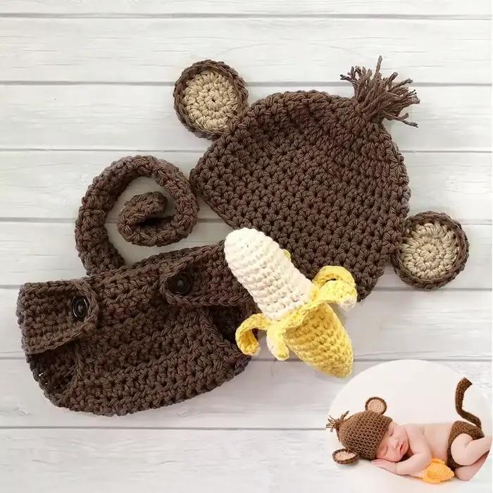 Chapeau de singe mignon pour bébé 0-3 mois ensemble de couvre-couches et chapeau de pêcheur à dessins animés pour sessions de photos et sorties