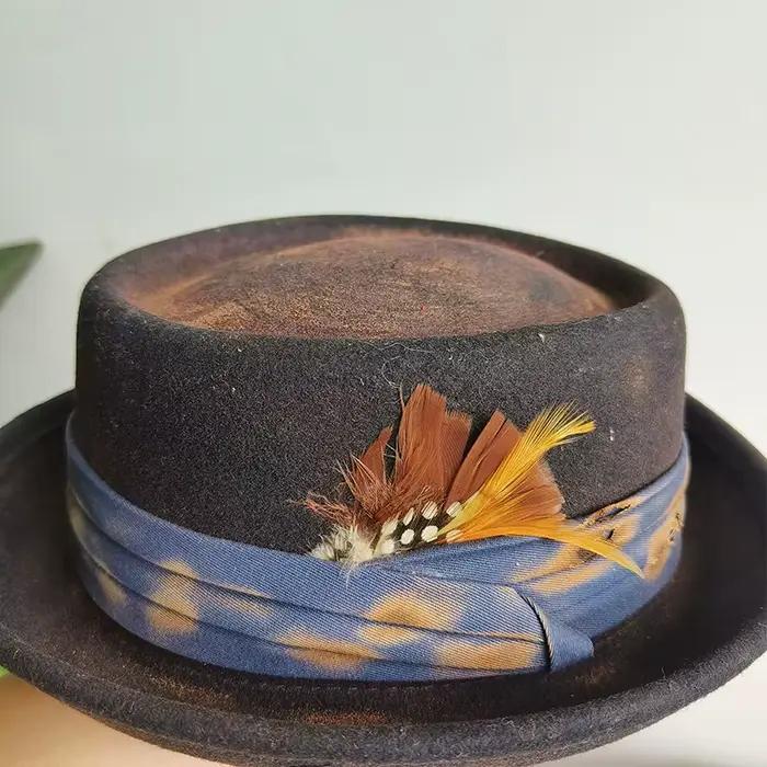 Chapeau brûlé en laine fait à la main Vintage tarte de porc