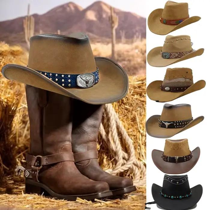 36 Stlye 100% cuir hommes Western Cowboy chapeau pour Gentleman papa Cowgirl Sombrero Hombre casquettes grande taille