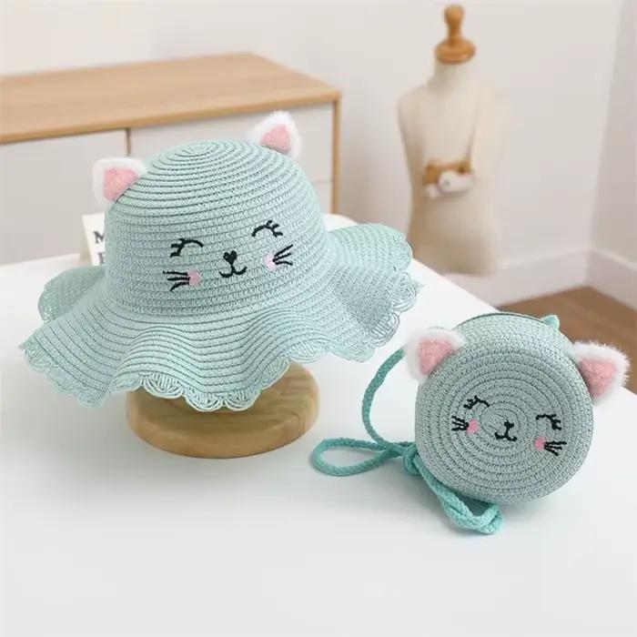 Chapeau de soleil de paille pour enfants motif chat mignon réglable plage été occasions spéciales