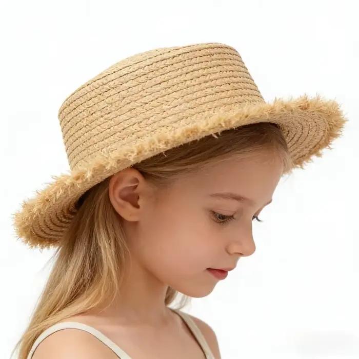 Chapeau de paille en raphia à bord large et franges pour enfants