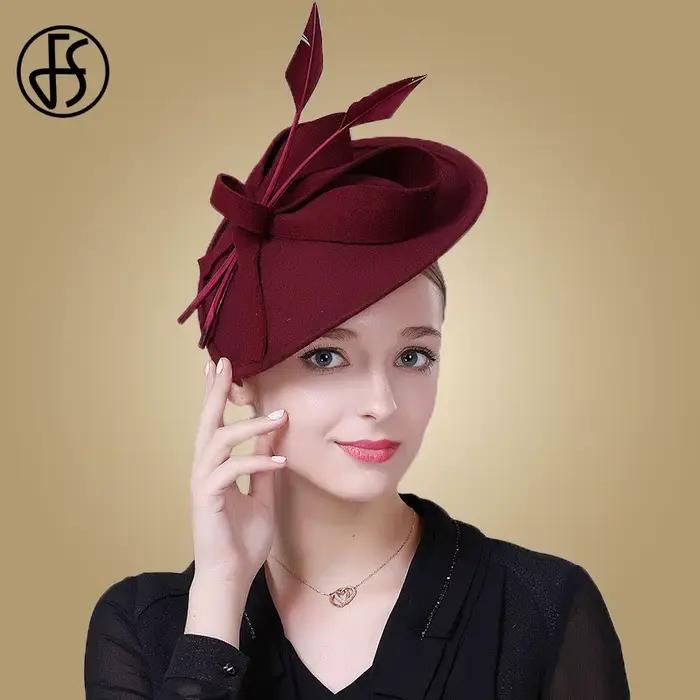 Fascinateurs Fedora en Laine Élégants pour Femmes Couleur Noir Rouge Bleu Occasion Cérémonie Mariage Église Robe de Soirée Thé Plume