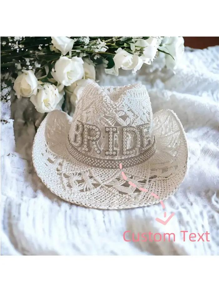 Chapeau de cowgirl personnalisé en paille blanche avec perles et strass | Cadeaux de mariage | Soirée de enterrement de