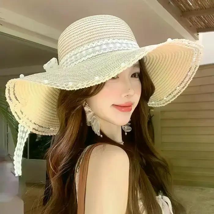 Chapeau de plage en paille surdimensionné pour femme avec nœud