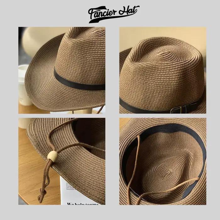 Chapeau de paille de cowboy western d'été 62 cm à large bord roulé pour hommes et femmes
