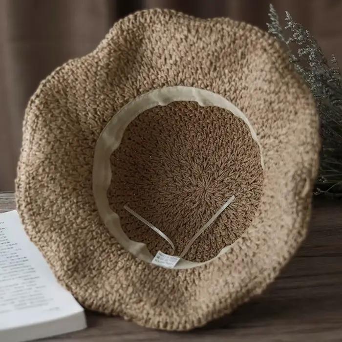 Chapeau de paille tressé vintage respirant pliable avec nœud