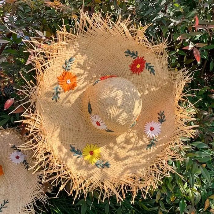 Chapeau de soleil décontracté bohème en paille de raphia à large bord