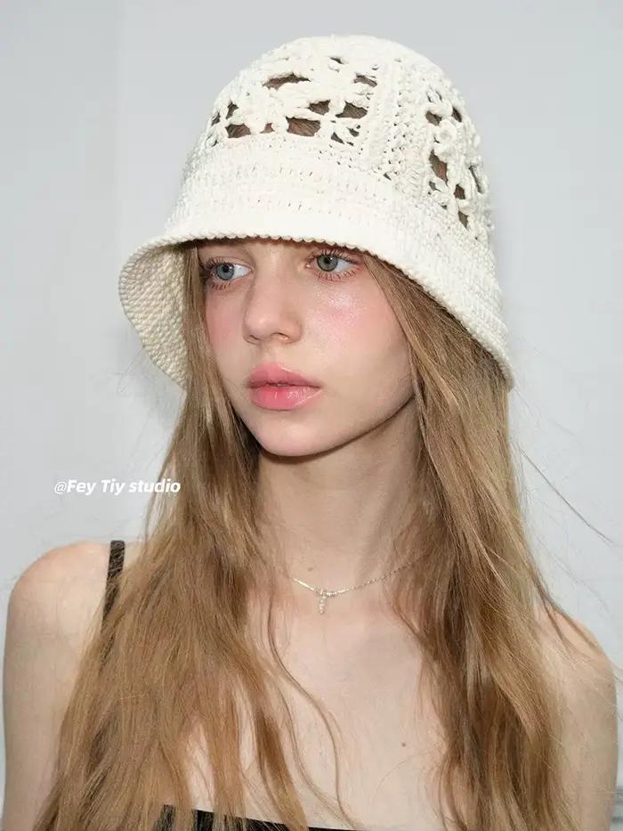 Béret en tricot artisanal chic rétro pour femme - Chapeau en laine ajouré style japonais