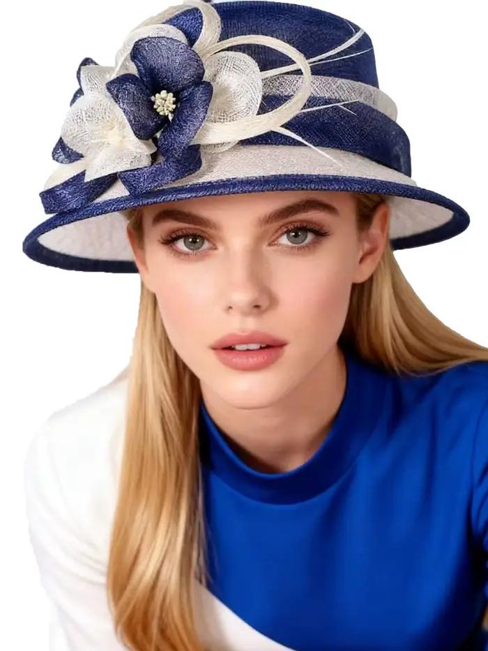 Chapeau Fedora FS en sinamay bleu et blanc pour femme, bord large, fleur ornée, élégant pour mariage, église, courses de chevaux, occasions formelles