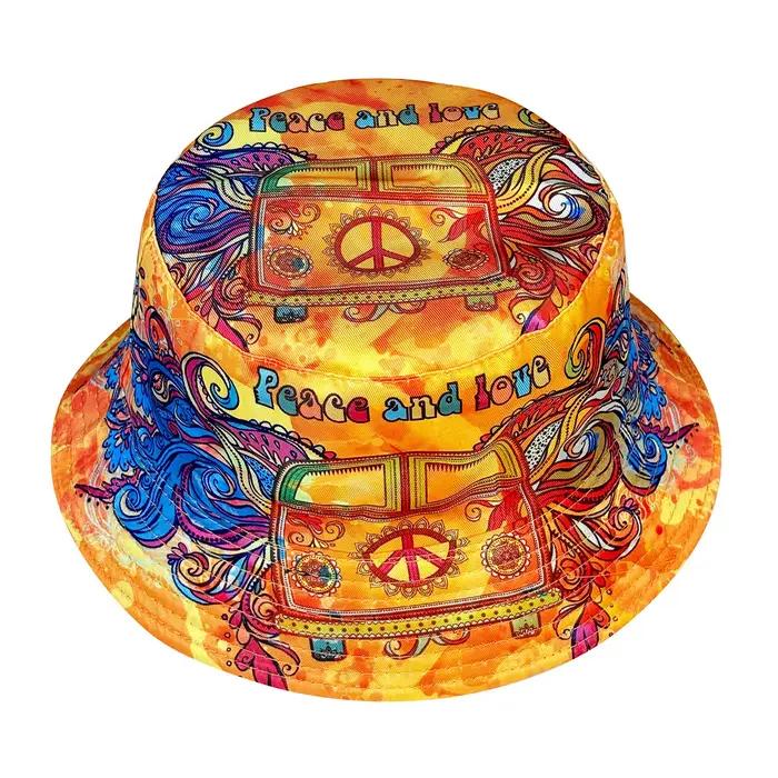 Chapeau de pêcheur orange Peace and Love chapeau de seau unisexe style sport motifs imprimés réversibles pour femmes et hommes occasions décontractées toutes saisons