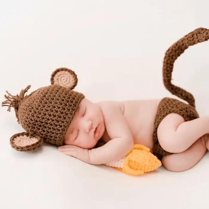 Chapeau de singe mignon pour bébé 0-3 mois ensemble de couvre-couches et chapeau de pêcheur à dessins animés pour sessions de photos et sorties