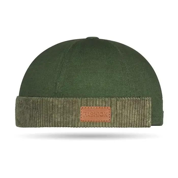 Bonnet marin unisexe tendance avec bordure en velours côtelé et patch en cuir