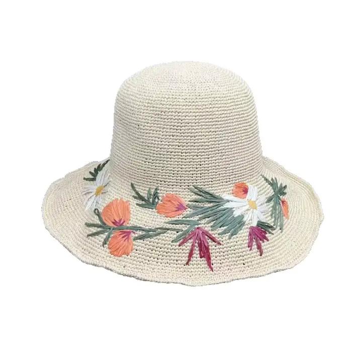 Chapeau de paille brodé à la main à motifs floraux pour femme – Idéal pour l'été