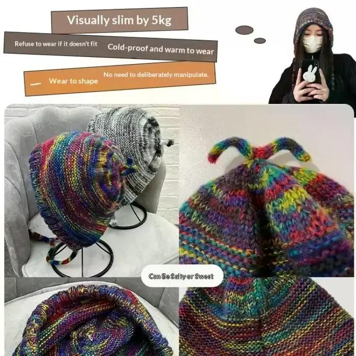 Nouveau bonnet tricoté à rayures arc-en-ciel pour femmes et filles