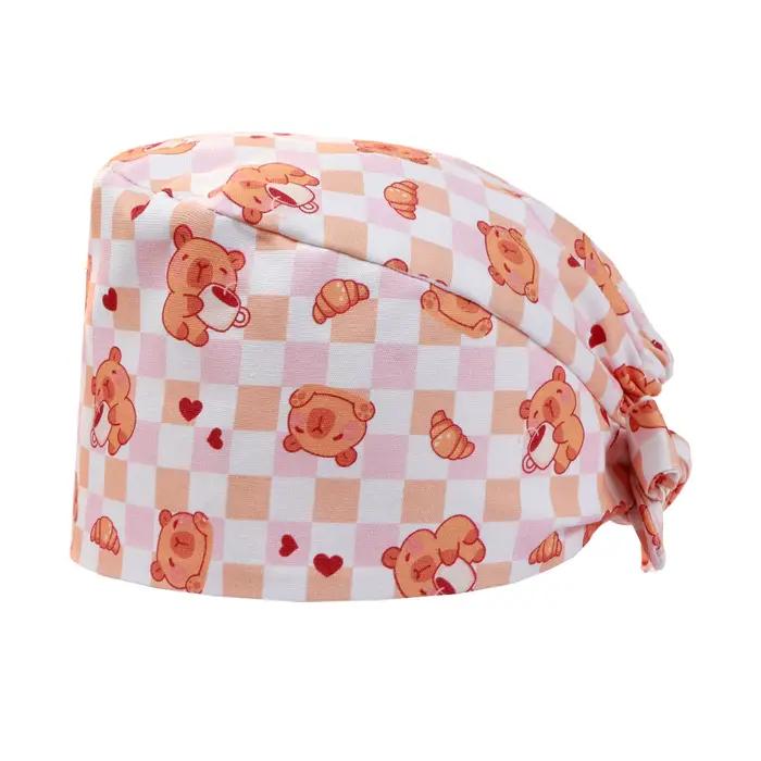 Bonnets chirurgicaux unisexes en coton épais à motifs de dessin animé rose pour hommes et femmes, ajustables et adaptés aux quatre saisons, idéaux pour les infirmières et professionnels de la santé
