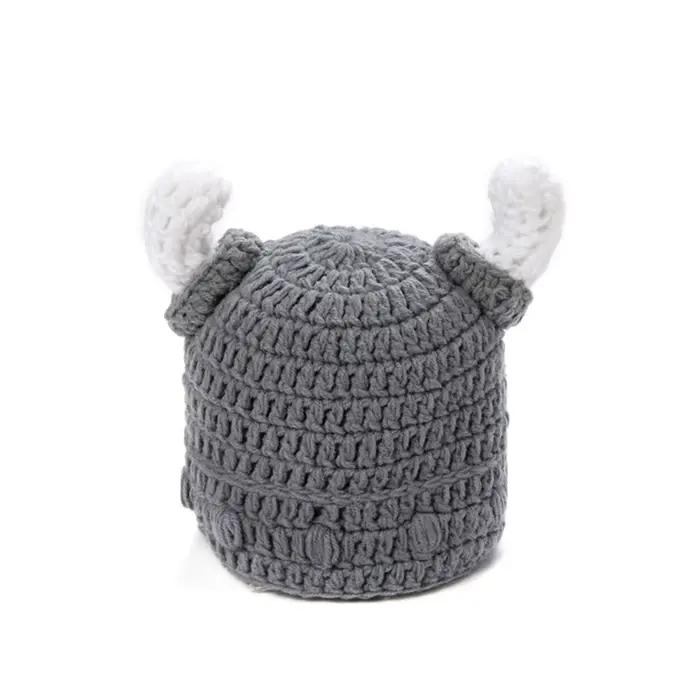Bonnet en corne de taureau gris tricoté à la main au Crochet Viking infantile chapeau d'hiver garçons filles enfants chapeaux tricotés chaud automne hiver