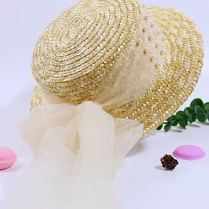 Chapeau de paille d'été élégant en dentelle et perles pour mère et fille, protection solaire, occaSIONS SPECIALES