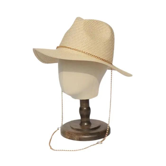 Chapeau de paille à chaîne en métal – Pare-soleil tressé en papier pour femme