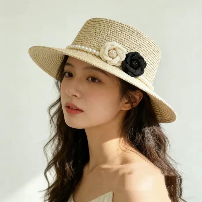 Chapeau de paille rétro de style français avec décoration en perles