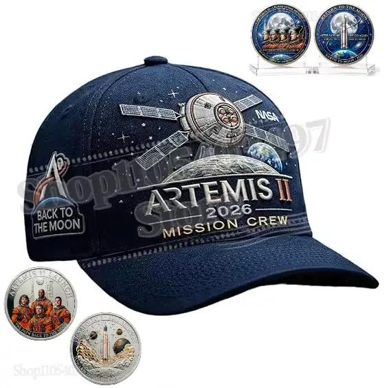 Casquette et pièce commémoratives de la mission lunaire Artemis II