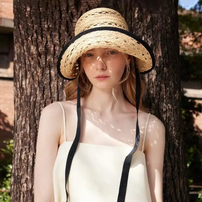 Chapeaux de soleil en raphia véritable français à lacets pour femmes