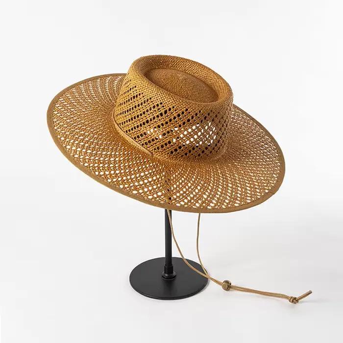 Chapeaux de paille de plage creux à grand bord pour femmes