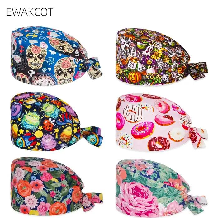 Chapeau chirurgical imprimé crâne 100% coton pour femmes et hommes