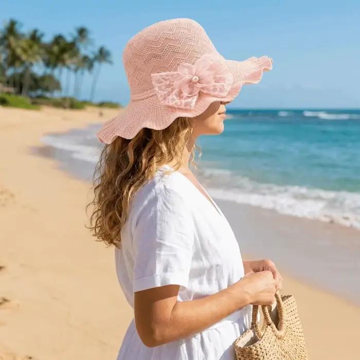 Chapeau Bob Tricoté Léger à Large Bord Couleur Unie avec Nœud en Dentelle Respirant Protection UV pour Fête