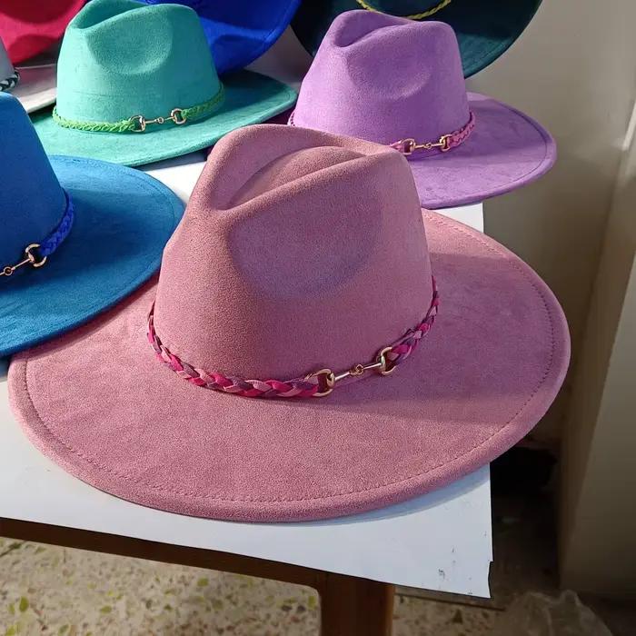 Chapeau en daim uni à bord de 9.5cm de large avec boucle en métal unisexe parfait pour l'automne et l'hiver Hatburning