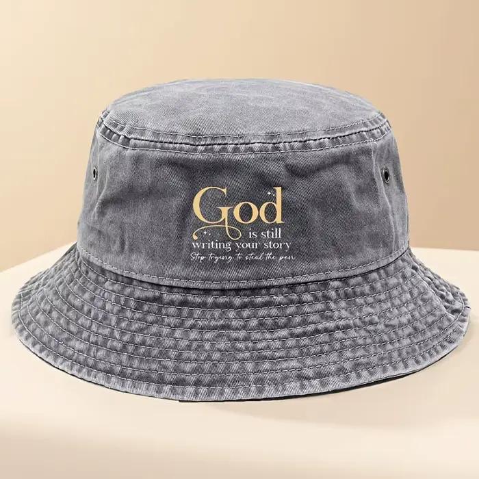 Chapeau de pêcheur imprimé vintage Dieu continue de raconter votre histoire chapeau de seau pliable pour hommes et femmes voyages en plein air décontracté