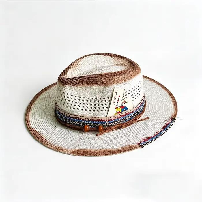 Chapeau de paille tressé vintage vieilli style panama large bord pour femmes et hommes été plage jeux de cartes occasionnels