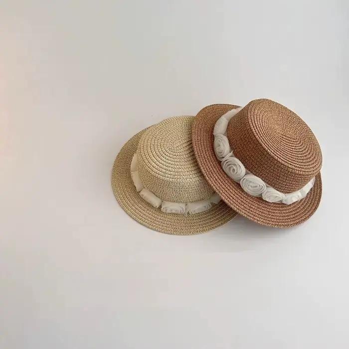 Nouveau été bébé casquettes de paille plage française fleur dentelle chapeau
