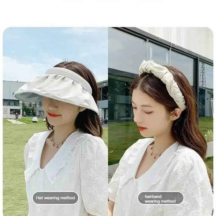 Chapeau pare-soleil d'été anti-UV double usage avec bandeau pour cheveux simili cuir pour femmes occasions spéciales voyage plage polyvalent