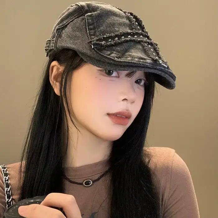 Casquette rétro en denim noir avec rivets pour filles style années 2000 décontracté vintage pour toutes les saisons
