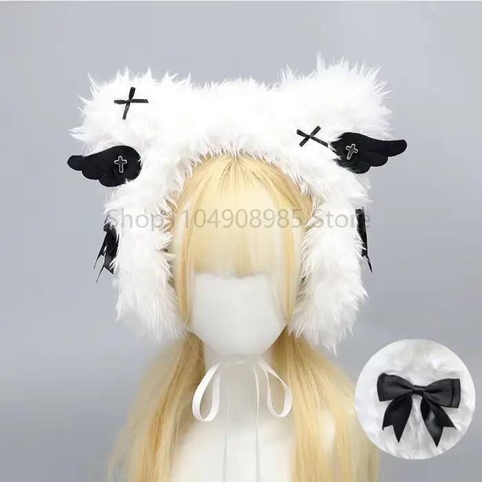 Chapeau en peluche Harajuku doux pour femmes oreilles de demi-chapeau blanc noir cosplay kawaii occasions spéciales mode alternative