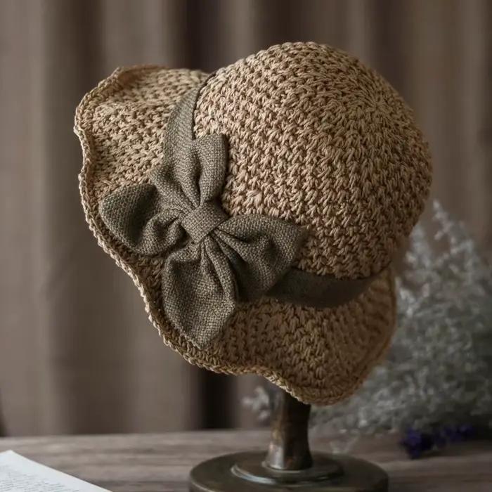 Chapeau de paille tressé vintage respirant pliable avec nœud